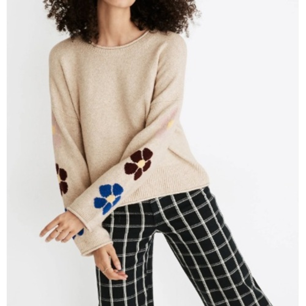 Madewell Belmore Sweater Women's XXS Beige Crew Neck Floral Sleeve Pullover